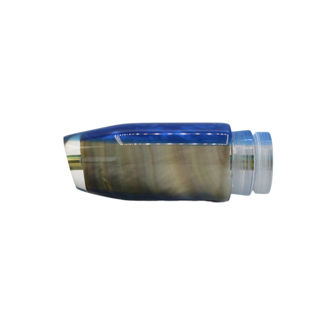 Señuelo para pesca deportiva y señuelo de troleo Crampton Baits. Modelo Plunger en color Azul y concha crema. Marea Alta (mareaalta.mx) único distribuidor de Crampton Baits en México.