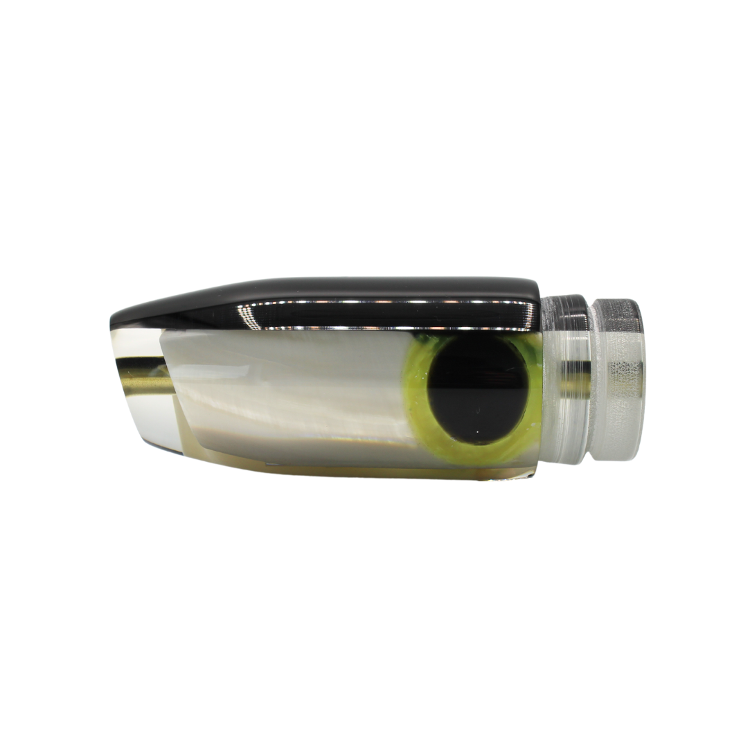 Señuelo para pesca deportiva y señuelo de troleo Crampton Baits. Modelo Plunger en color Negro y concha blanca. Marea Alta (mareaalta.mx) único distribuidor de Crampton Baits en México.