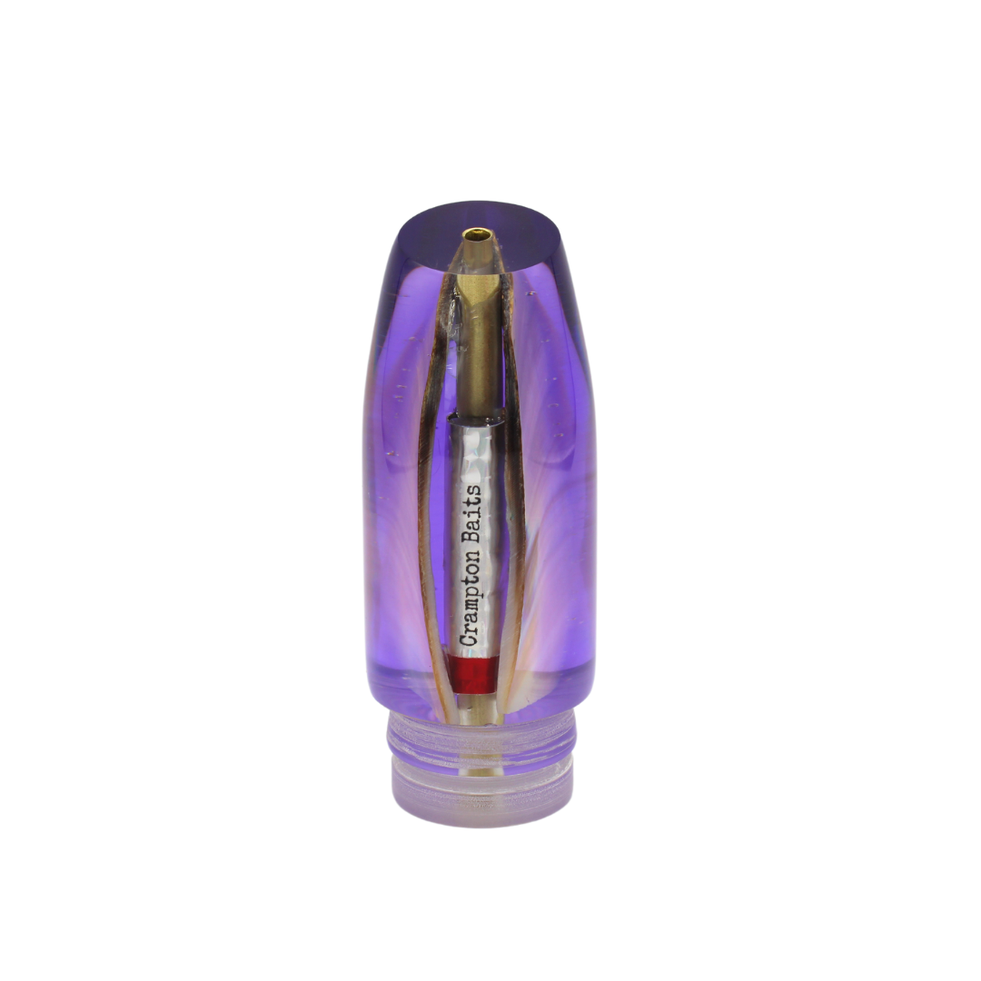 Señuelo para pesca deportiva y señuelo de troleo Crampton Baits. Modelo Plunger en color Morado y concha crema. Marea Alta (mareaalta.mx) único distribuidor de Crampton Baits en México.